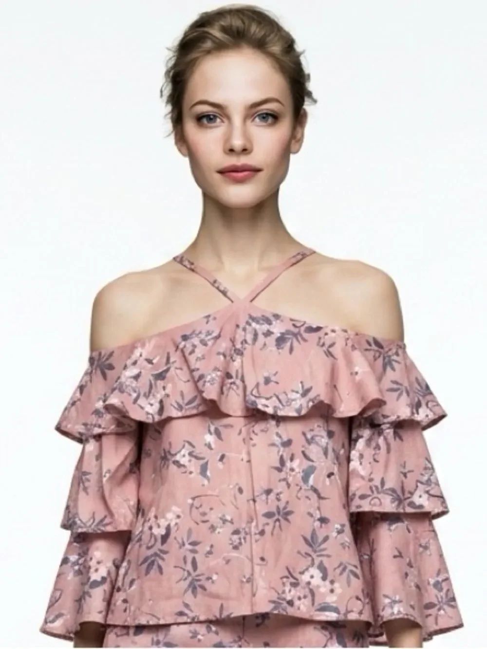 EXPRESS | Floral Off the Shoulder V Halter Blouse Purple Blue Women’s Size XS